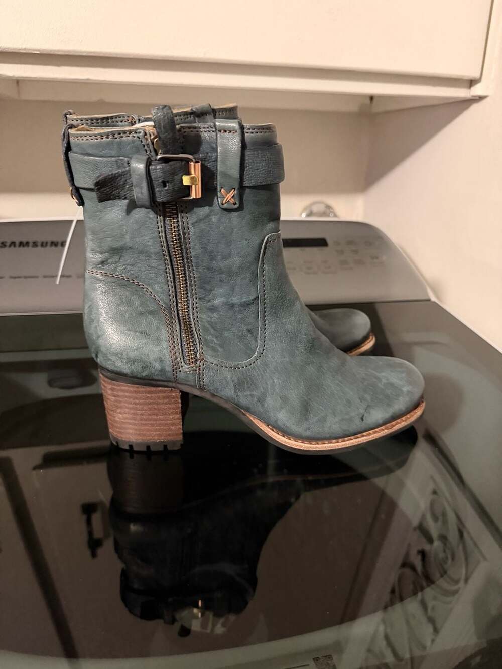 Trask Women's Madison Waterproof Moto Gray Leather Block Heel Lug Sole Boots